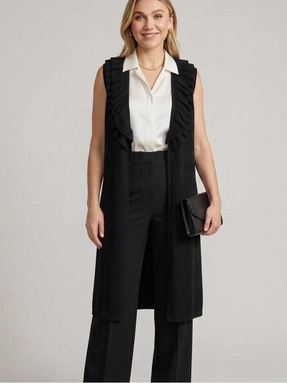 Vintage Debra C Beverly Hills black vest with ruffled trim